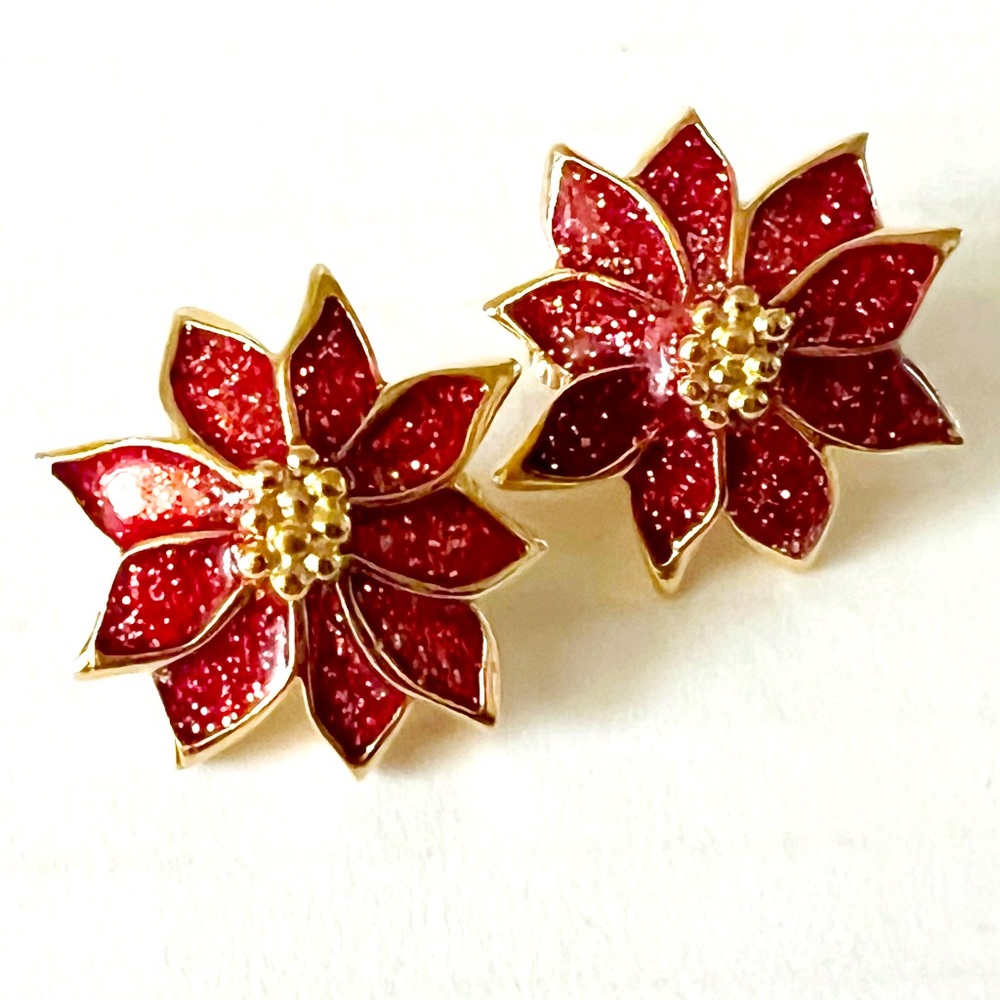 Vintage Floral Red Glitter Clip on Earrings by Avon